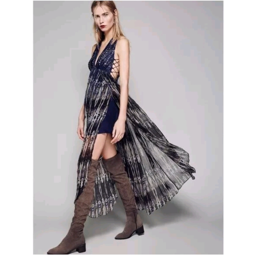Free People Freyja Blue and Gray Backless Dress